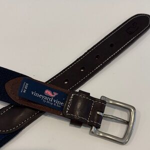 Vineyard Vines Dark Brown Leather With Red White Blue Canvas Belt